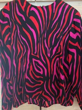 Carlisle 100% silk black, pink and red Zebra Striped blouse size 14